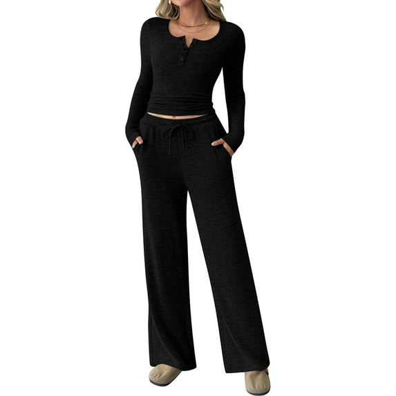 Women'S 2 Piece Matching Lounge Sets Fall Fashion Outfits Henley Neck Sweater Top Wide Leg Pants Sweat Suits