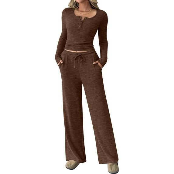 Women'S 2 Piece Matching Lounge Sets Fall Outfits Henley Neck Sweater Top Wide Leg Pants Sweat Suits Dark Brown L