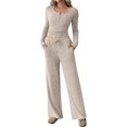 thumbnail image 1 of Women'S 2 Piece Matching Lounge Sets Fall Outfits Henley Neck Sweater Top Wide Leg Pants Sweat Suits M, 1 of 9