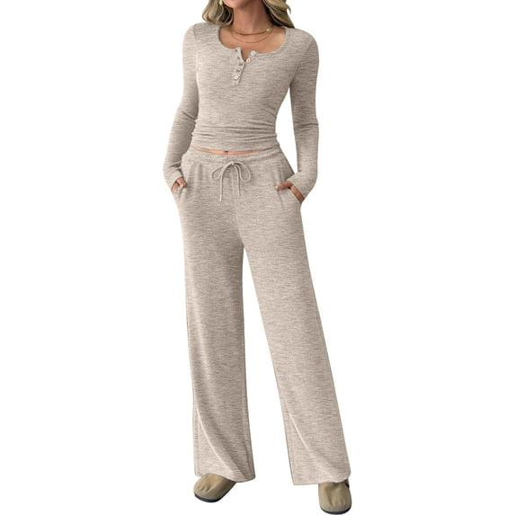 Women'S 2 Piece Matching Lounge Sets Fall Outfits Henley Neck Sweater Top Wide Leg Pants Sweat Suits M