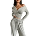 thumbnail image 1 of Women'S 2 Piece Matching Lounge Sets Long Sleeve Henley Neck Slightly Crop Top Wide Leg Pants Sweat Suit Gray L, 1 of 9
