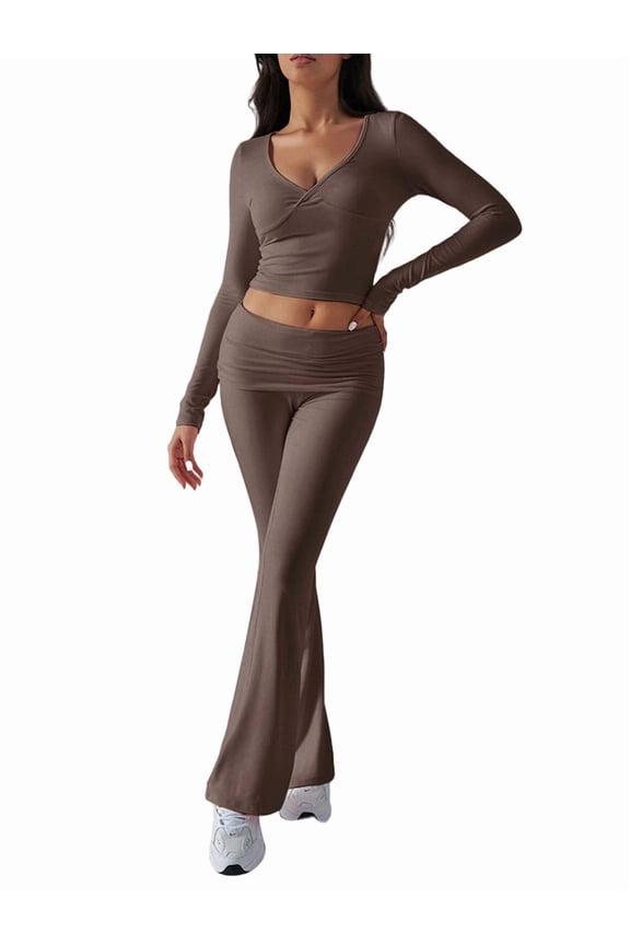 Women'S 2 Piece Matching Lounge Sets Two Pieces Sweat Outfits Long Sleeve Wide Leg Pants Tracksuits Brown XS