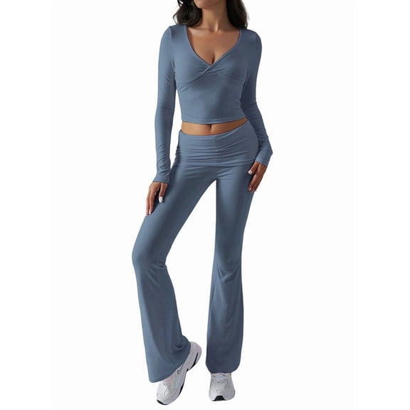 Women'S 2 Piece Matching Lounge Sets Two Pieces Sweat Outfits Long Sleeve Wide Leg Pants Tracksuits Gray-Blue XS