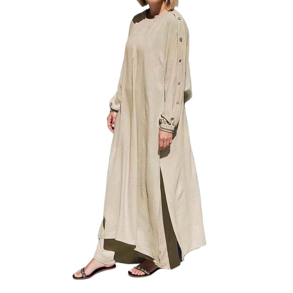 Women'S 2-Piece Modest Maxi Set: Oversized Tunic & Wide-Leg Pants With Hidden Adjustable Belt & Gold Buttons - Casual Daily Wear