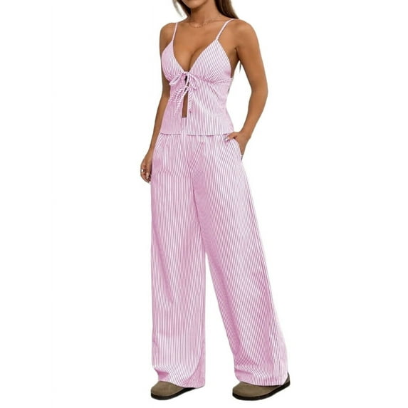 Women'S 2 Piece Outfit Lace-Up Sleeveless Backless Tank Top and Wide Leg Drawstring Pants Set Club Outfit Pink M
