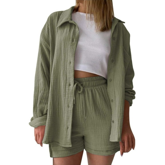 Women’S 2 Piece Outfit Sets Cotton Crepe Button Shirt And Drawstring Casual Shorts Set Lounge Tracksuit Army Green S