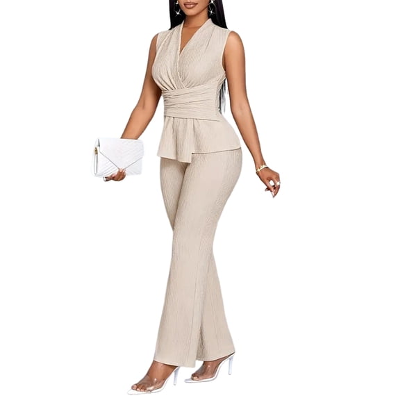 Women'S 2 Piece Outfit V Neck Asymmetrical Sleeveless Ruched T Shirt and Pants Going Out Set Color L