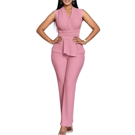 Women'S 2 Piece Outfit V Neck Asymmetrical Sleeveless Ruched T Shirt and Pants Going Out Set Pink M