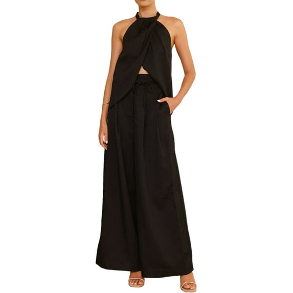 Women'S 2 Piece Outfits 2025 Summer Casual Sleeveless Mock Neck Crop Tops Wide Leg Pants Set Black XL
