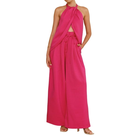 Women'S 2 Piece Outfits 2025 Summer Casual Sleeveless Mock Neck Crop Tops Wide Leg Pants Set Red L