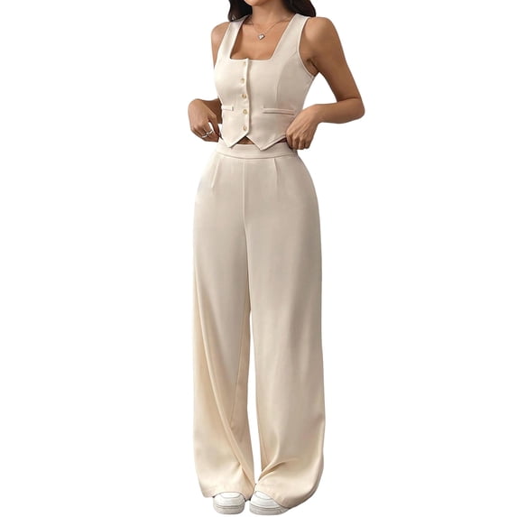 Women'S 2 Piece Outfits Button Down Sleeveless Sets Crop Blazer Vest and Wide Leg Pants Set Apricot Color S