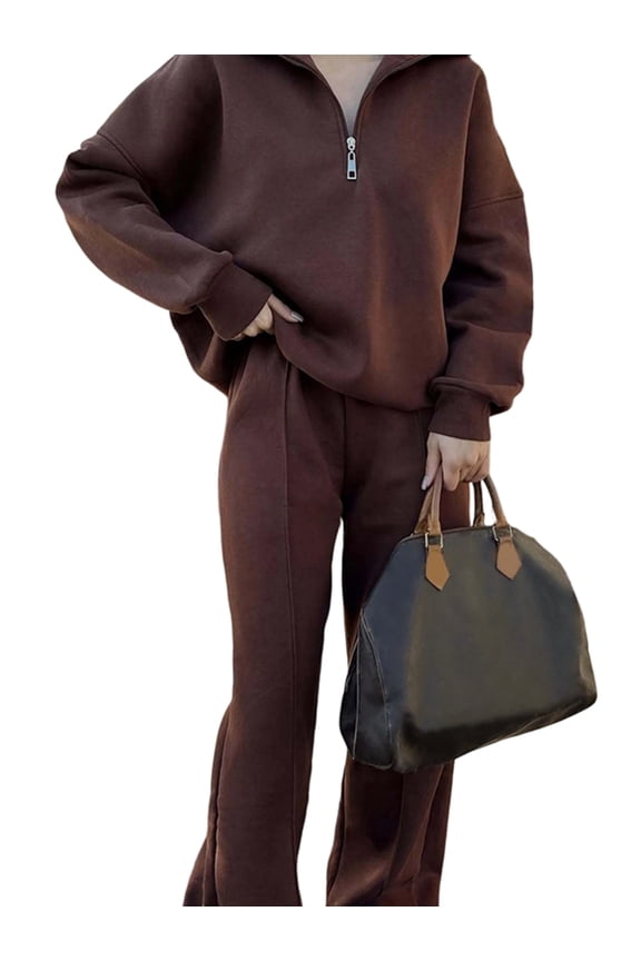 Women'S 2 Piece Outfits Casual Lapel Half Zip Sweatshirts and Wide Leg Pants Tracksuit Sets Brown L