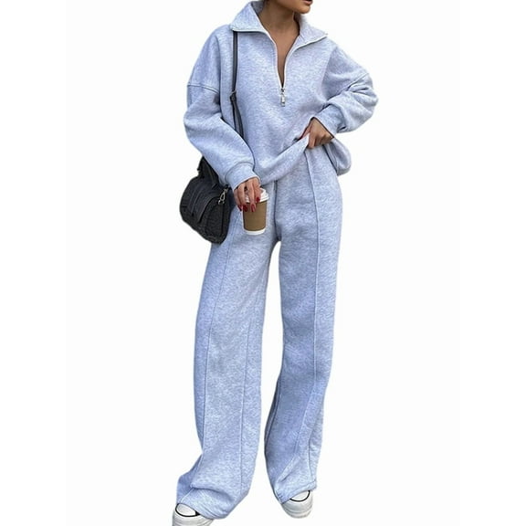 Women'S 2 Piece Outfits Casual Lapel Half Zip Sweatshirts and Wide Leg Pants Tracksuit Sets Light Gray XL
