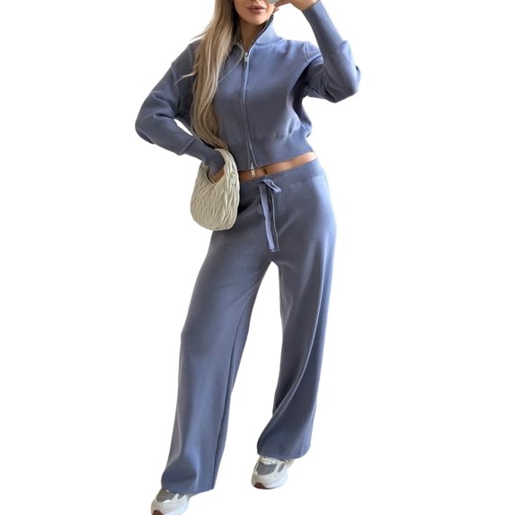 Women'S 2 Piece Outfits Casual Lapel Zip Sweatshirts and Wide Leg Pants Tracksuit Sets Royal Blue S