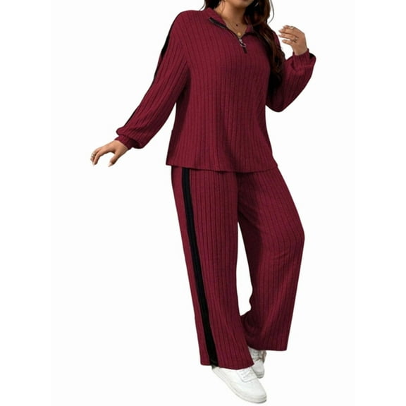 Women'S 2 Piece Outfits Casual Ribbed Knit Lounge Sets Cozy Half Zip Sweatsuit Sets Wide Leg Tracksuits Wine Red S