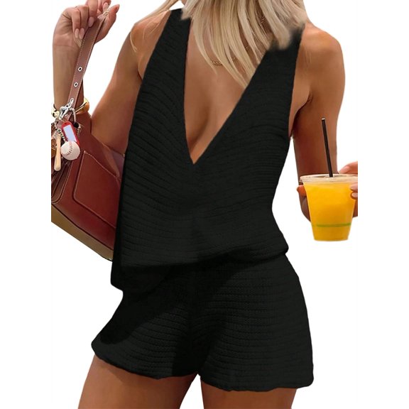 Women'S 2 Piece Outfits Deep V Neck Sleeveless Tank Tops and Shorts Summer Vacation Sets Black L