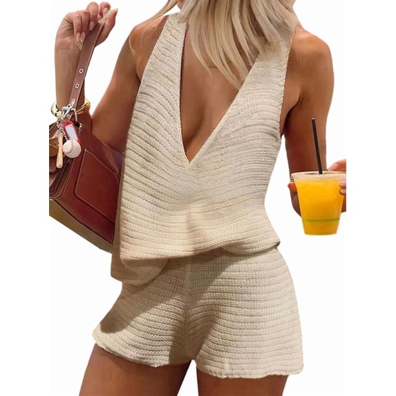 Women'S 2 Piece Outfits Deep V Neck Sleeveless Tank Tops and Shorts Summer Vacation Sets Rice M