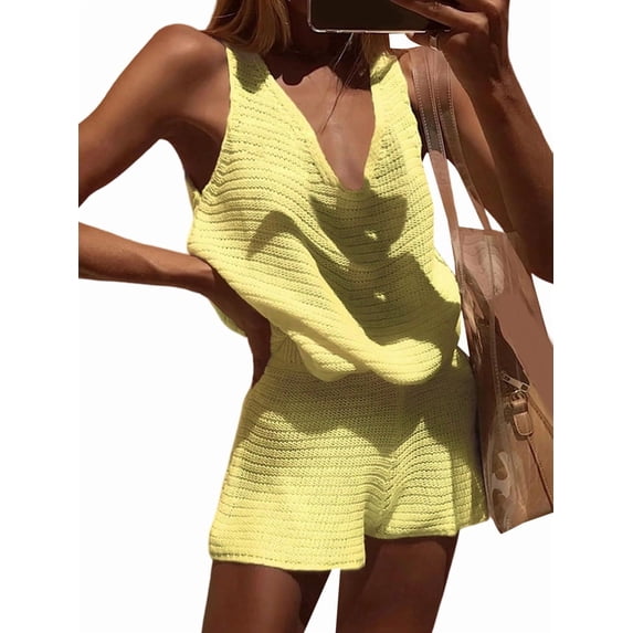 Women'S 2 Piece Outfits Deep V Neck Sleeveless Tank Tops and Shorts Summer Vacation Sets Yellow M
