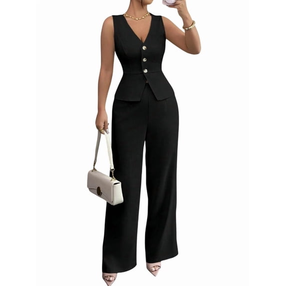 Women'S 2 Piece Outfits Elegant Blazer Vest Pockets Wide Leg Pant Suit Casual Matching Set Black S