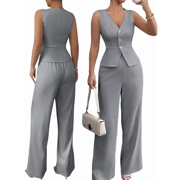 Women'S 2 Piece Outfits Elegant Blazer Vest Pockets Wide Leg Pant Suit Casual Matching Set Gray XXL