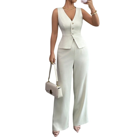 Women'S 2 Piece Outfits Elegant Blazer Vest Pockets Wide Leg Pant Suit Casual Matching Set White XXL