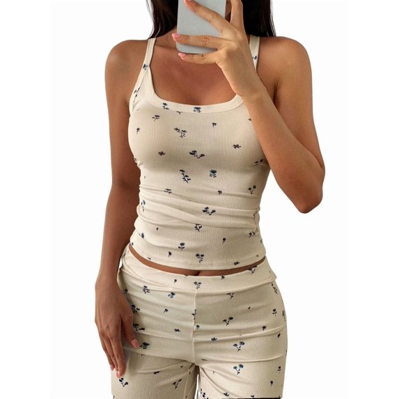 Women'S 2 Piece Outfits Floral Ribbed Tank Top Wide Leg Pants Set Loungewear Pj Set Color S