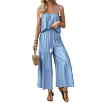 Women'S 2 Piece Outfits Linen Pants Jumpsuit Matching Lounge Set Casual Summer Beach Vacation Trendy Clothes Blue XL