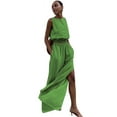 thumbnail image 1 of Women'S 2 Piece Outfits Linen Vest Waistcoat Dressy Casual Sets High Slit Wide Leg Pants Suits Green M, 1 of 5
