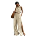 thumbnail image 1 of Women'S 2 Piece Outfits Linen Vest Waistcoat Dressy Casual Sets High Slit Wide Leg Pants Suits Khaki L, 1 of 7