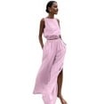 thumbnail image 1 of Women'S 2 Piece Outfits Linen Vest Waistcoat Dressy Casual Sets High Slit Wide Leg Pants Suits Pink M, 1 of 7