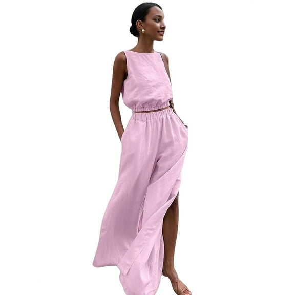 Women'S 2 Piece Outfits Linen Vest Waistcoat Dressy Casual Sets High Slit Wide Leg Pants Suits Pink S