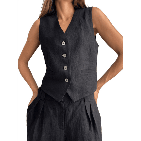 Women'S 2 Piece Outfits Linen Vest Waistcoat Dressy Casual Sets Wide Leg Pants Suits Black L