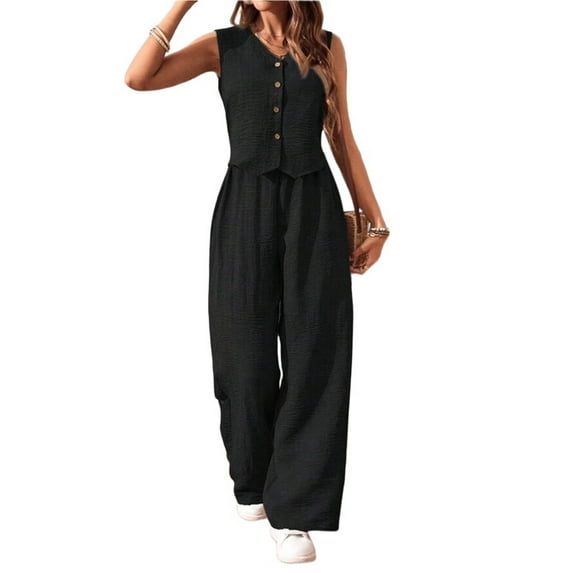 Women'S 2 Piece Outfits Linen Vest Waistcoat Dressy Casual Sets Wide Leg Pants Suits Black L