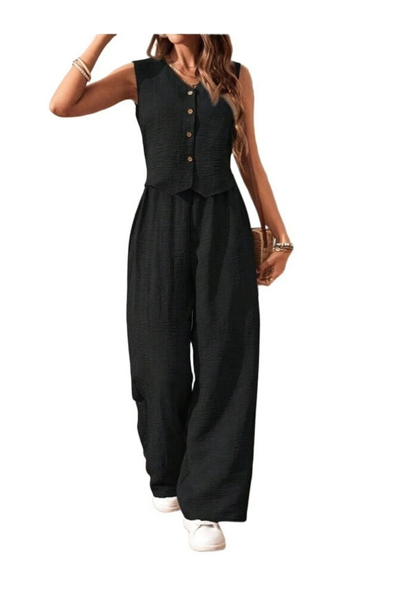 Women'S 2 Piece Outfits Linen Vest Waistcoat Dressy Casual Sets Wide Leg Pants Suits Black S