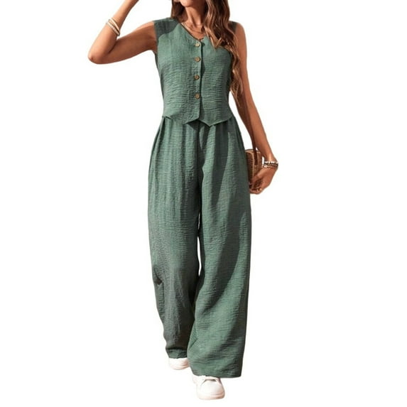Women'S 2 Piece Outfits Linen Vest Waistcoat Dressy Casual Sets Wide Leg Pants Suits Green L