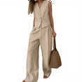 thumbnail image 1 of Women'S 2 Piece Outfits Linen Vest Waistcoat Dressy Casual Sets Wide Leg Pants Suits Khaki L, 1 of 10