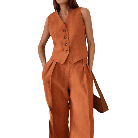 Women'S 2 Piece Outfits Linen Vest Waistcoat Dressy Casual Sets Wide Leg Pants Suits Orange Color L