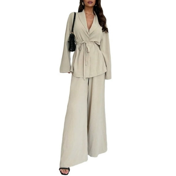 Women'S 2 Piece Outfits Long Sleeve V Neck Blazer Wide Leg Sets Office Work Clothes Apricot Color XL