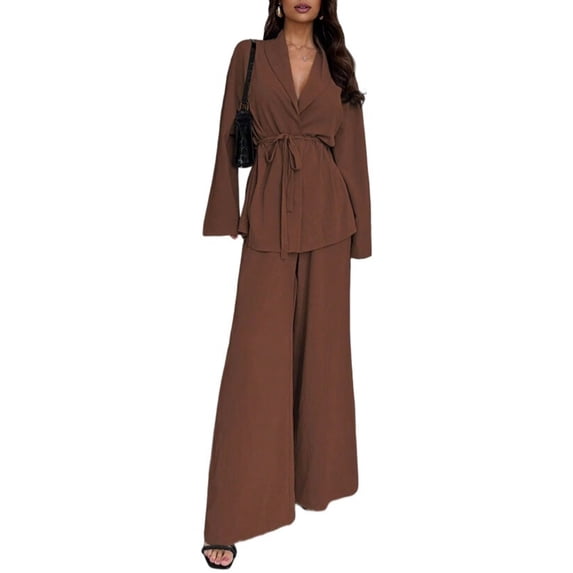 Women'S 2 Piece Outfits Long Sleeve V Neck Blazer Wide Leg Sets Office Work Clothes Dark Brown M