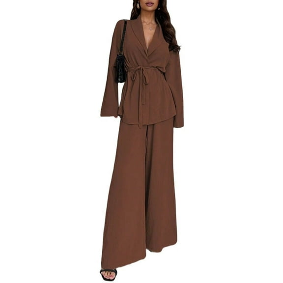 Women'S 2 Piece Outfits Long Sleeve V Neck Blazer Wide Leg Sets Office Work Clothes Dark Brown XL