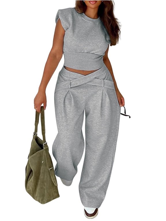 Women'S 2 Piece Outfits Lounge Sets Cap Sleeve Tank Tops Wide Leg Pants Sets Tracksuits Match Sets Silver Grey L