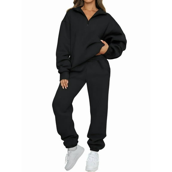 Women'S 2 Piece Outfits Lounge Sets Long Sleeve Half Zip Pullover and Baggy Sweatpants with Pockets Black XL