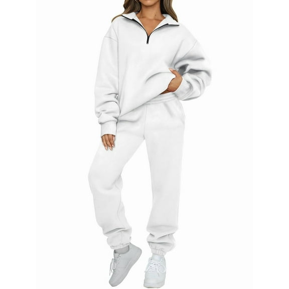 Women'S 2 Piece Outfits Lounge Sets Long Sleeve Half Zip Pullover and Baggy Sweatpants with Pockets White XL