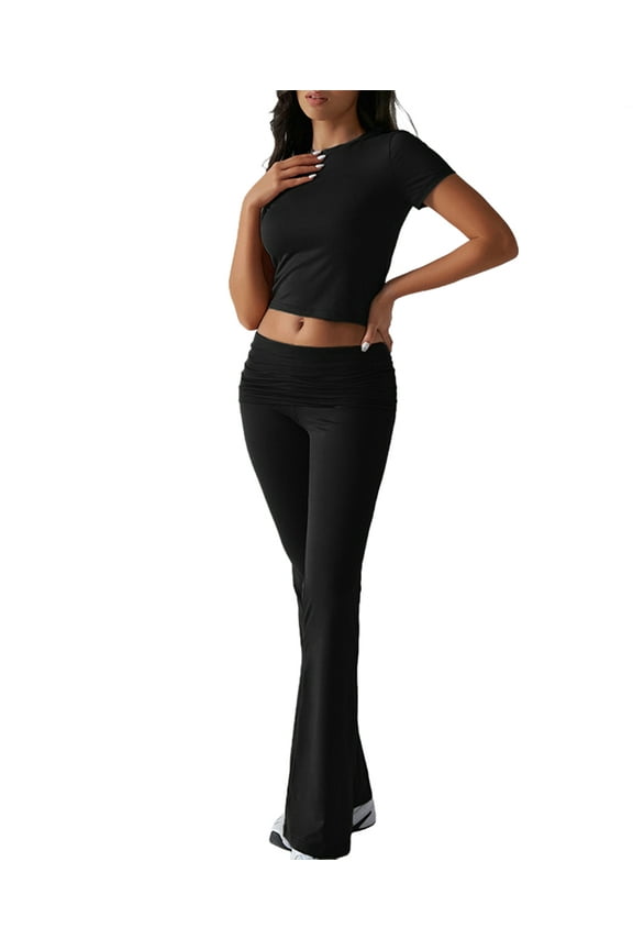 Women'S 2 Piece Outfits Lounge Sets Ruched Short Sleeve Tops High Waisted Wide Leg Pants Tracksuit Sets Black XL