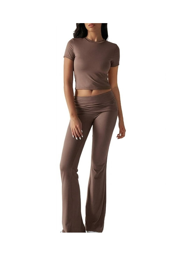 Women'S 2 Piece Outfits Lounge Sets Ruched Short Sleeve Tops High Waisted Wide Leg Pants Tracksuit Sets Coffee XXS