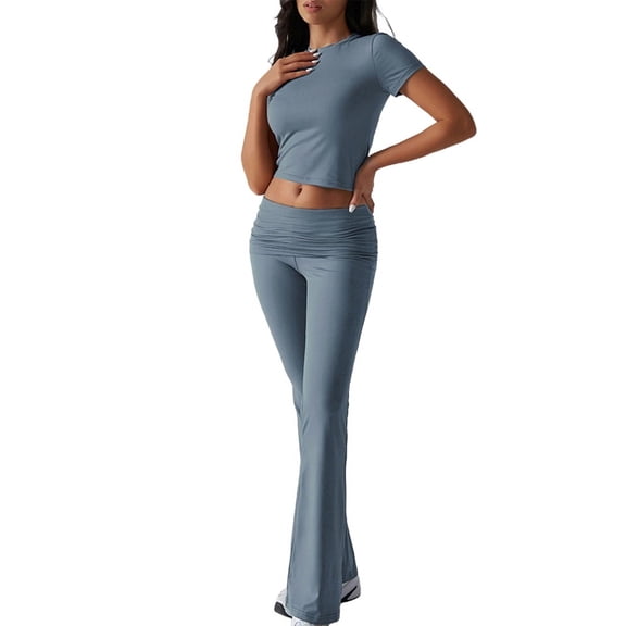 Solid Color Slim Fit Short Sleeve Trousers Suit Gray Blue XS