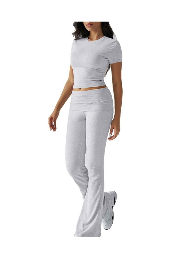 Women'S 2 Piece Outfits Lounge Sets Ruched Short Sleeve Tops High Waisted Wide Leg Pants Tracksuit Sets Gray S