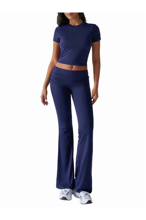 Women'S 2 Piece Outfits Lounge Sets Ruched Short Sleeve Tops High Waisted Wide Leg Pants Tracksuit Sets Navy Blue M
