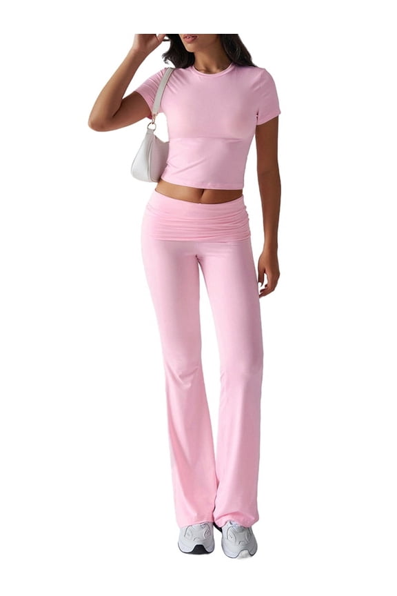 Women'S 2 Piece Outfits Lounge Sets Ruched Short Sleeve Tops High Waisted Wide Leg Pants Tracksuit Sets Pink XXL