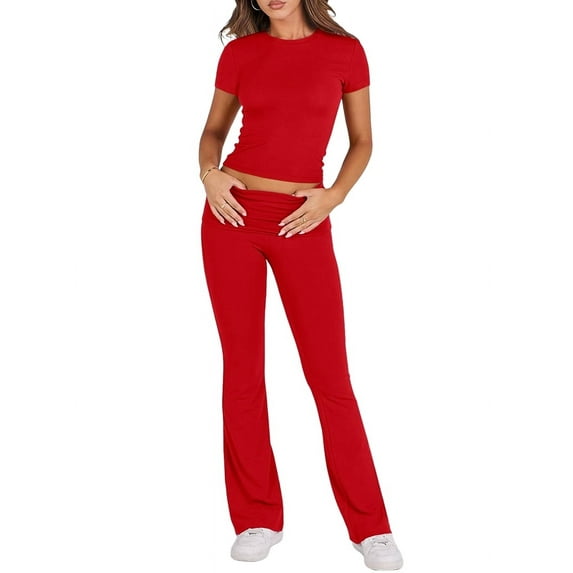Women'S 2 Piece Outfits Lounge Sets Ruched Short Sleeve Tops High Waisted Wide Leg Pants Tracksuit Sets Red S